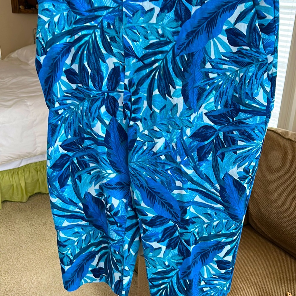 Colorful blue and white capris . So cute easy care . Two front pockets, none bac